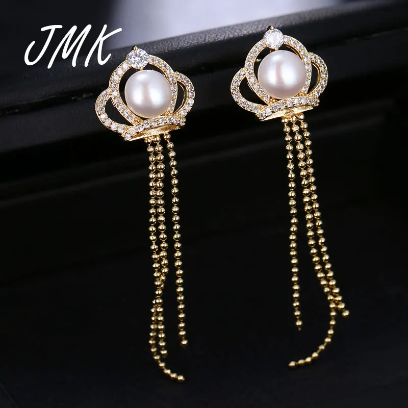 

JMK Elegant Pearl Crown Dangle Earrings Zircon 18k Gold Tassel Charming Korean Mini Jewelry For Women Girls Birthday Party Gift