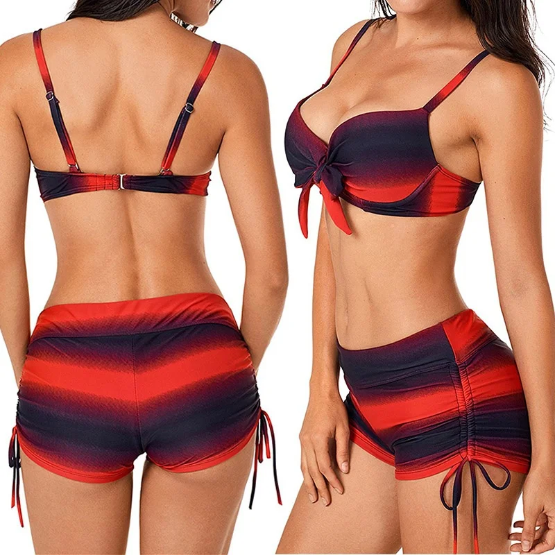 

Большой Размеры Для женщин пуш-ап бикини с принтом Двойка купальники танкини в полоску размера плюс Размеры купальный костюм с галстуком-ба...