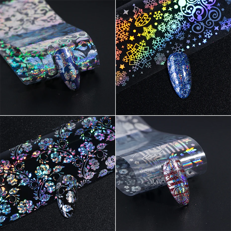 10 шт. лазерных фольг наклейки для переноса ногтей черный прозрачный цветок