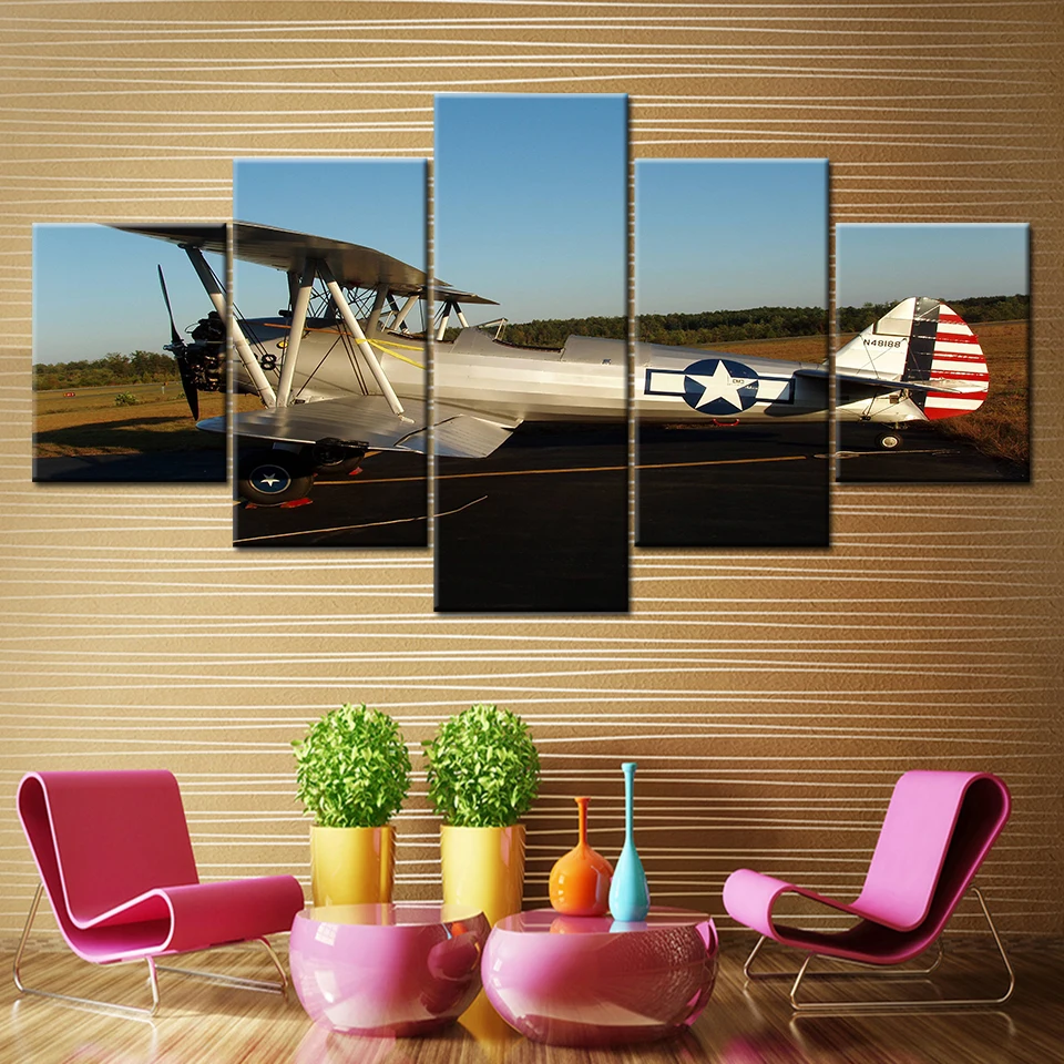 

Canvas Prints Poster Wall Artwork Painting 5 Panel The White Airplane Biplane Pictures Home Decor Modular For Living Room Frame