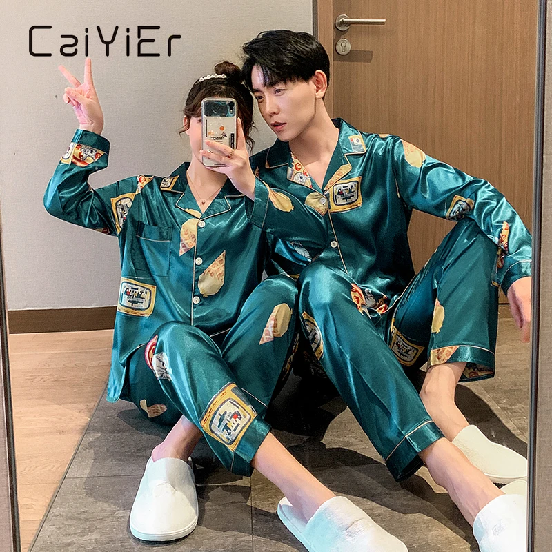 CAIYIER Autumn Winter Cute Print Silk Pajama Set Loose Men And Women Nightwear Long Sleeve Long Pants Sleepwear Loungewear M-3XL