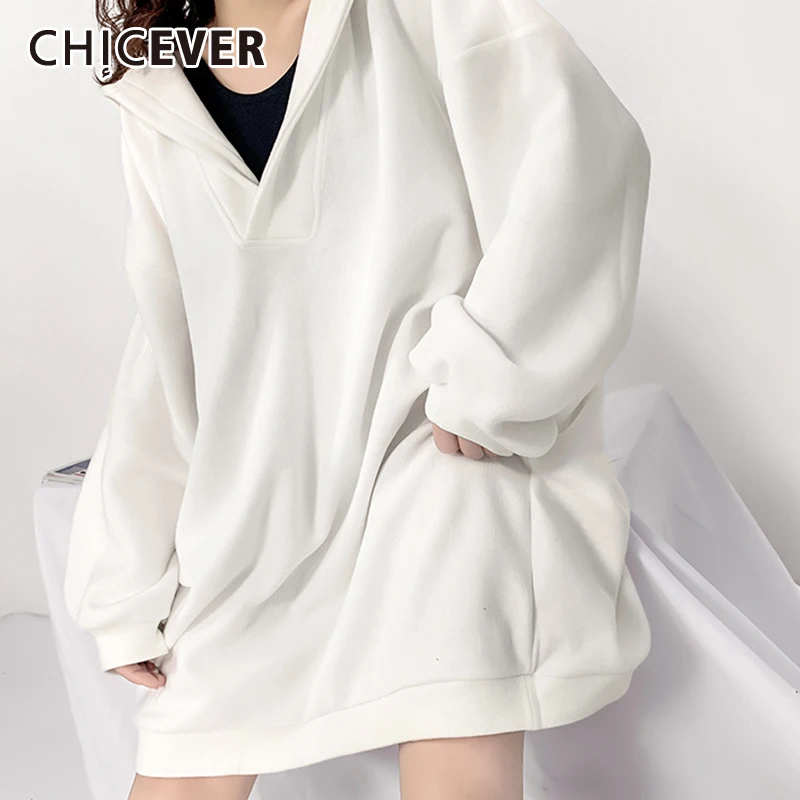

CHICEVER Casual Dress For Women Hooded Collar Loose Long Sleeve Plain Mid A Line Dresses Female 2021 Autumn Fashion Clothing New