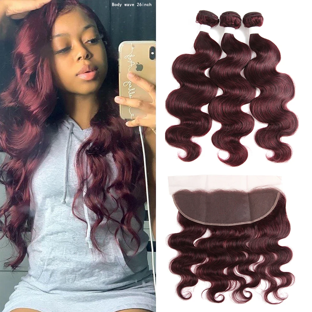 

99J/Burgundy Body Wave Human Hair Bundles With Frontal 13x4 KEMY RedWine Brazilian Hair Weave Bundles With Closure Non-Remy Hair