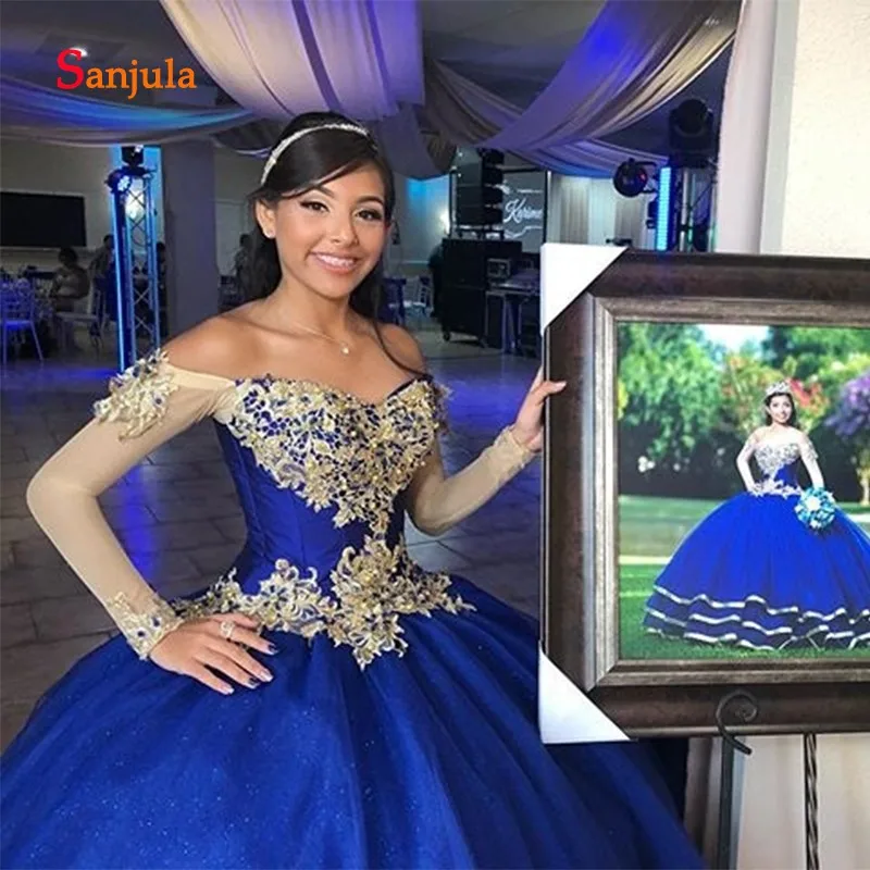 Ярко-синий тюль бальное платье без бретелек Quinceanera платье с открытыми плечами сладкий 16 платье с длинными рукавами и золотым платья с аппликацией D1131