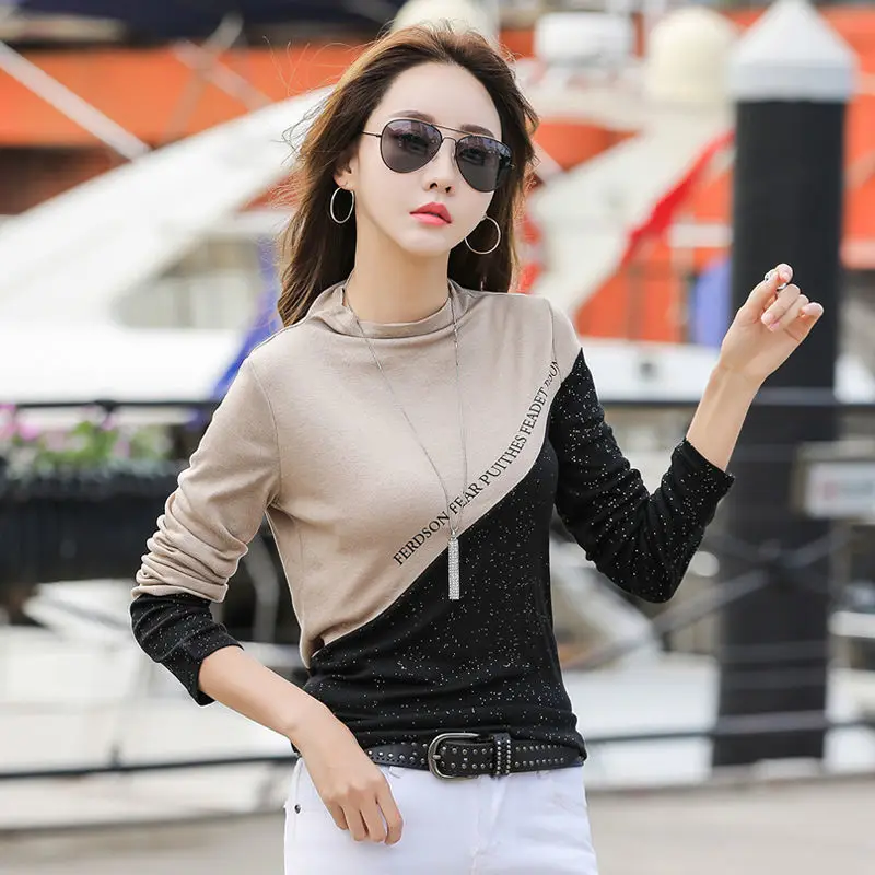 

Autumn and winter new high elastic versatile slim bottomed shirt women's color contrast long sleeve T-shirt