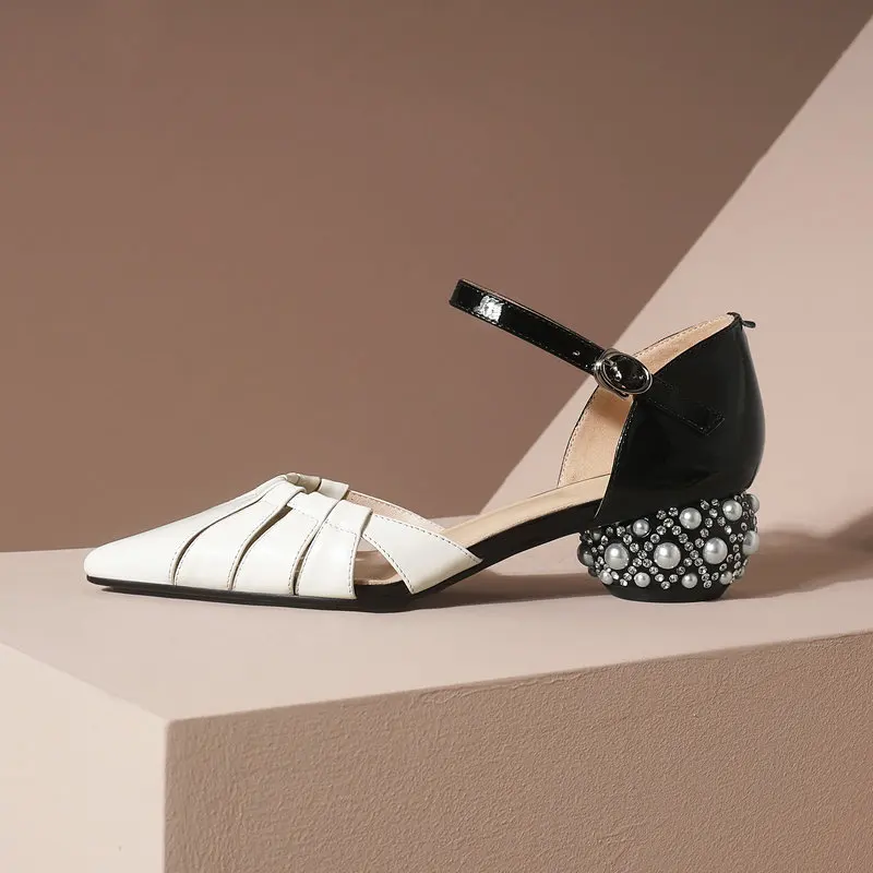 

2021 Sandals Elegant pearl strange Heels ladies Pumps Genuine Leather Shoes Women Summer Party Office Lady Shoes Woman