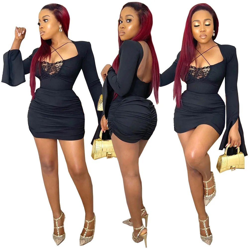 

Новинка осени 2021, женская одежда, сексуальное модное плиссированное платье с лямкой на шее и перекрестными лямками через шею