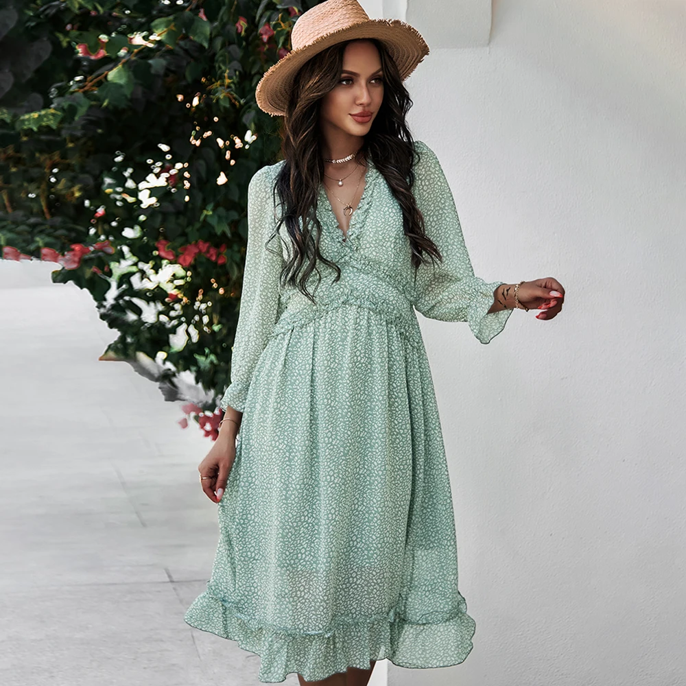 

Ruffle V-Neck Lantern Sleeve Women Dress Leopard Print Boho Chiffon Dresses Simple Casual Beach Midi Dress Summer dress