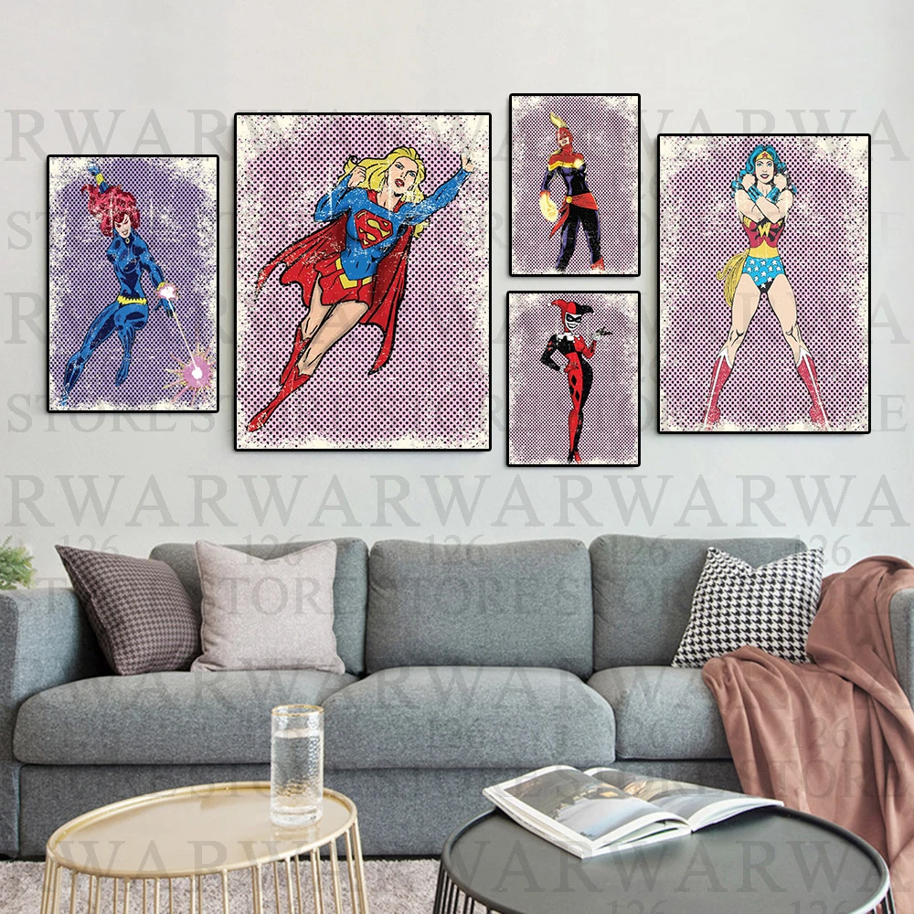 

Marvel Retro Superhero Girls Poster Print Cartoon Disney Avengers Black Widow Canvas Painting Nursery Bedroom Home Decoration