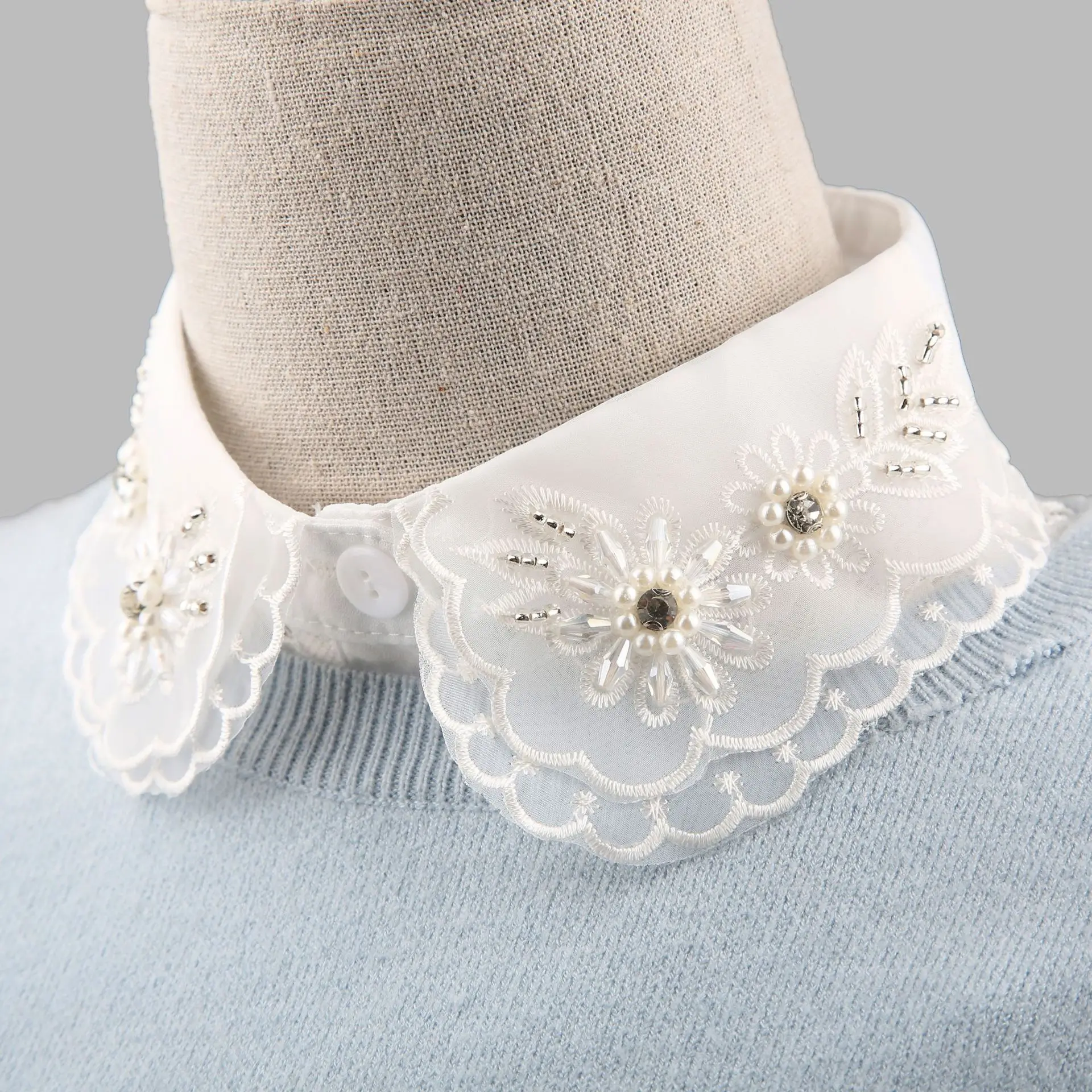 

2021 Harajuku Lace Styles White/Black Women Fake Collar Shinny Beaded Detachable Collars Half Shirt Blouse Sweater False Collars