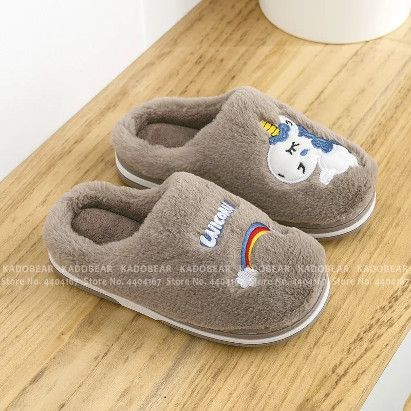Зимняя домашняя обувь с рисунком единорога из плюша мехом для детей домашние