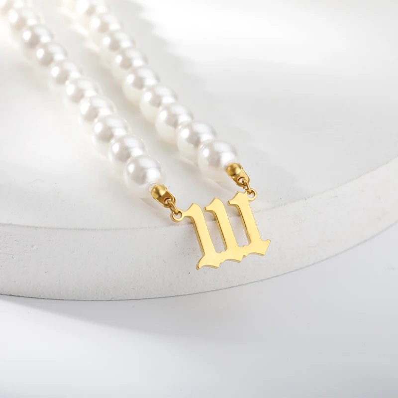 

111 222 333 444 555 666 Pearl Angel Number Necklaces For Women Gold Stainless Steel Devil Pendant Necklace Goth Jewelry 2021 BFF
