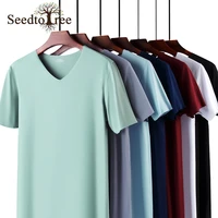 summer mens casual short sleeve t shirt seamless ice silk v neck slim sports solid color fitness breathable bottoming tees