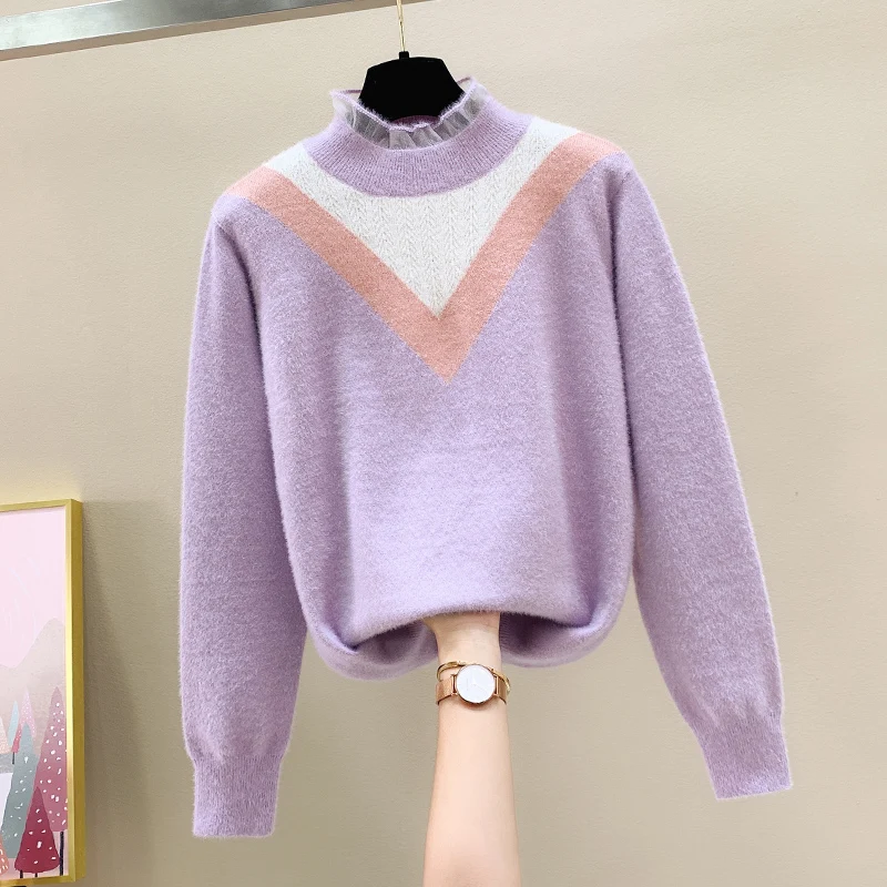 

autumn winter thick mohair Knitting women turtleneck sweater loose casual long sleeve patchwork pullover jersey mujer
