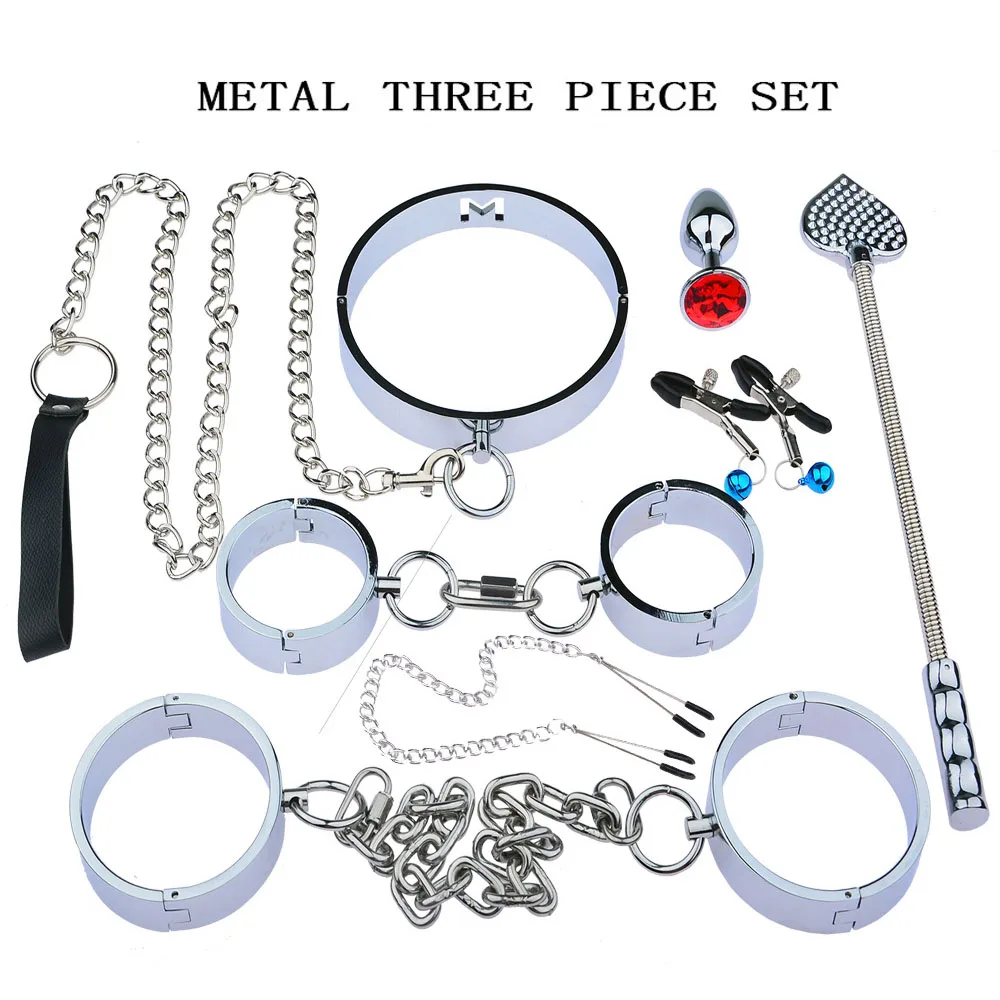 Heavy Stainless Steel SM Bondage Set With Handcuffs Collar Whip Spank For Bdsm Restraint Slave Role Play Adults Games Sex Toys