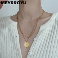 meyrroyu stainless steel new punk 2 layer round tag pendant necklace for women chain 2021 trend party gift fashion jewelry