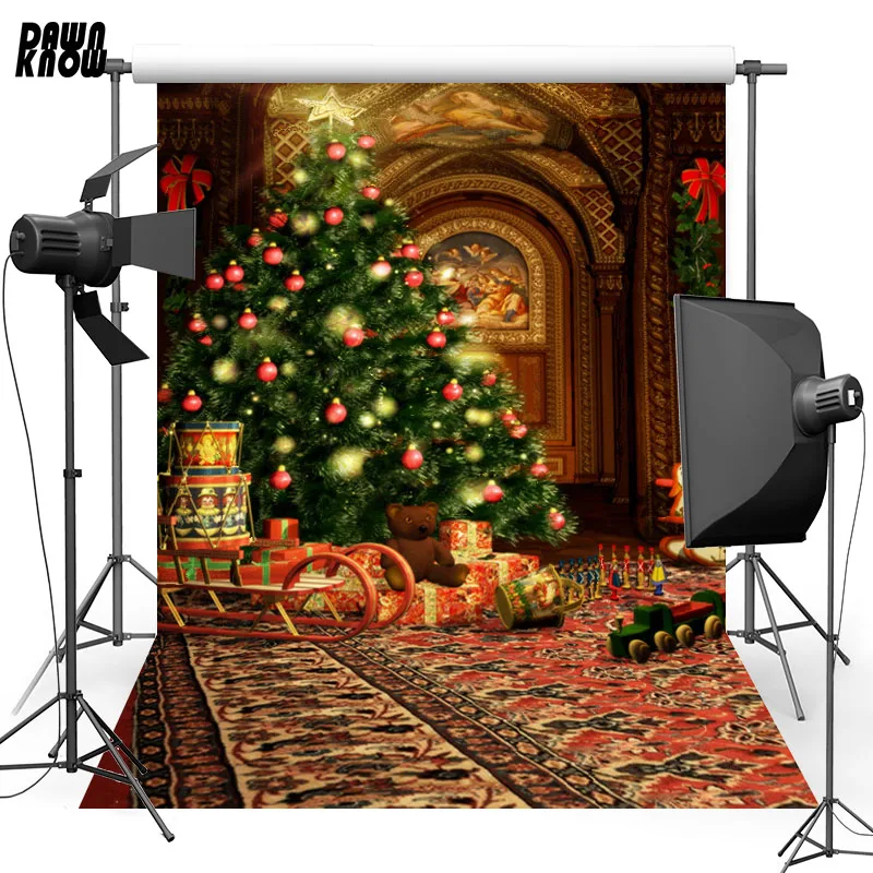 

DAWNKNOW Christmas Tree Sleigh Vinyl Photography Background For Baby Carpet Photo Shoot Backdrop For Christmas Photo Studio L859