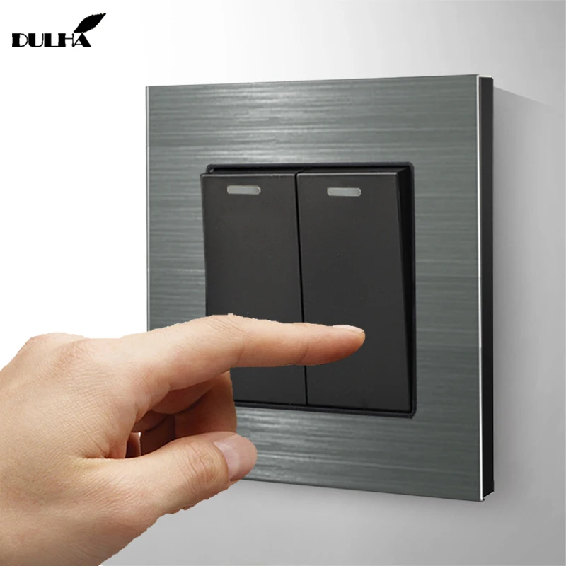 

Luxurious 2 Gang 1 Way Wall Light Switch Gray Color Brushed Aluminum Satin Metal Panel Electrical Push Button Rocker Switches