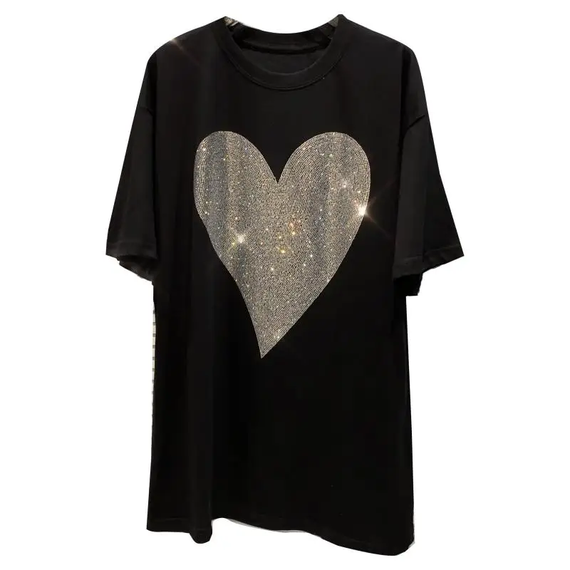 

Big Heart Sequin Women T Shirt 2021 Summer New Round Neck Loose Half Sleeve Short Sleeve T-shirt
