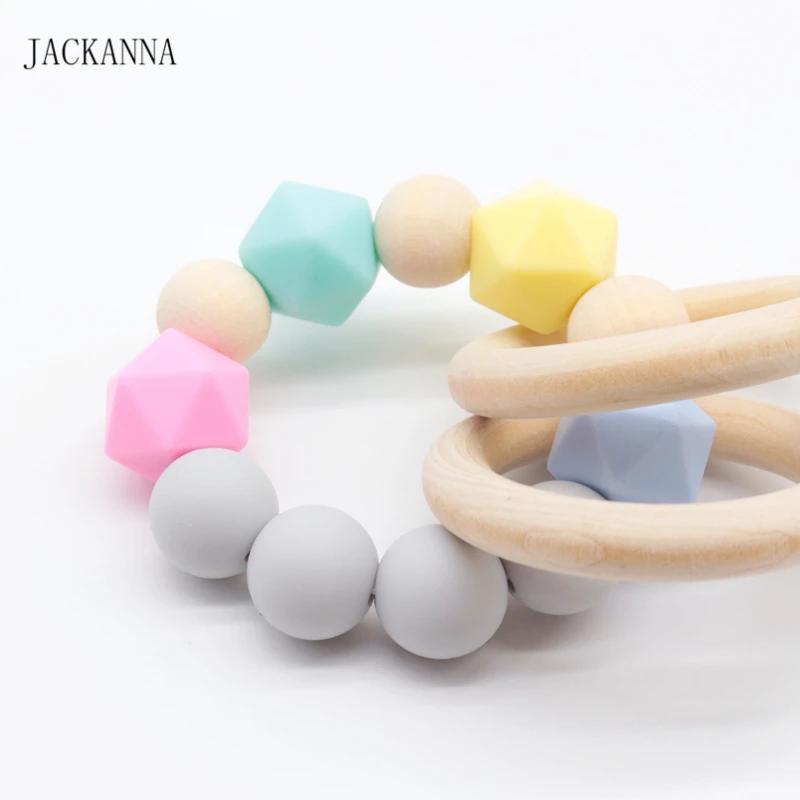 Baby Teether Bracelet Organic Wood Ring Rattle Teething Toy Silicone Beads Nursing Bracelets Chewable Teethers | Мать и ребенок