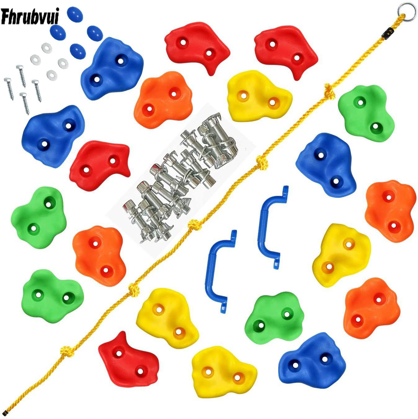DIY Rock Climbing Holds for Kids - Rock Wall Holds of 20pc Climbing Holds, 2pc Handles & 1pc 8ft Knotted Climbing Rope