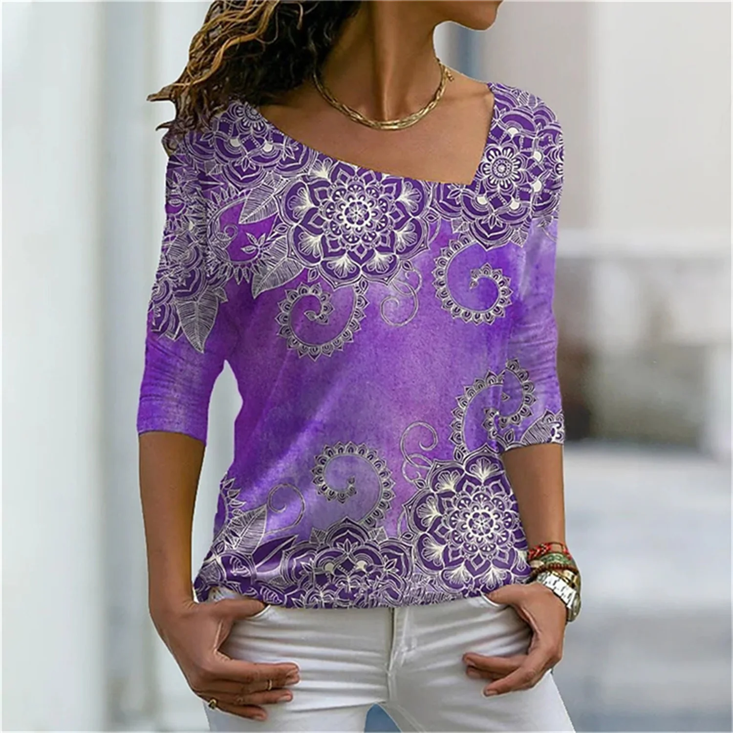 Personality Retro V-neck Slim High-Quality Spring Breathable Woman Sublimation 3D Printing Pattern Bottoming Top Fashion T-shirt |