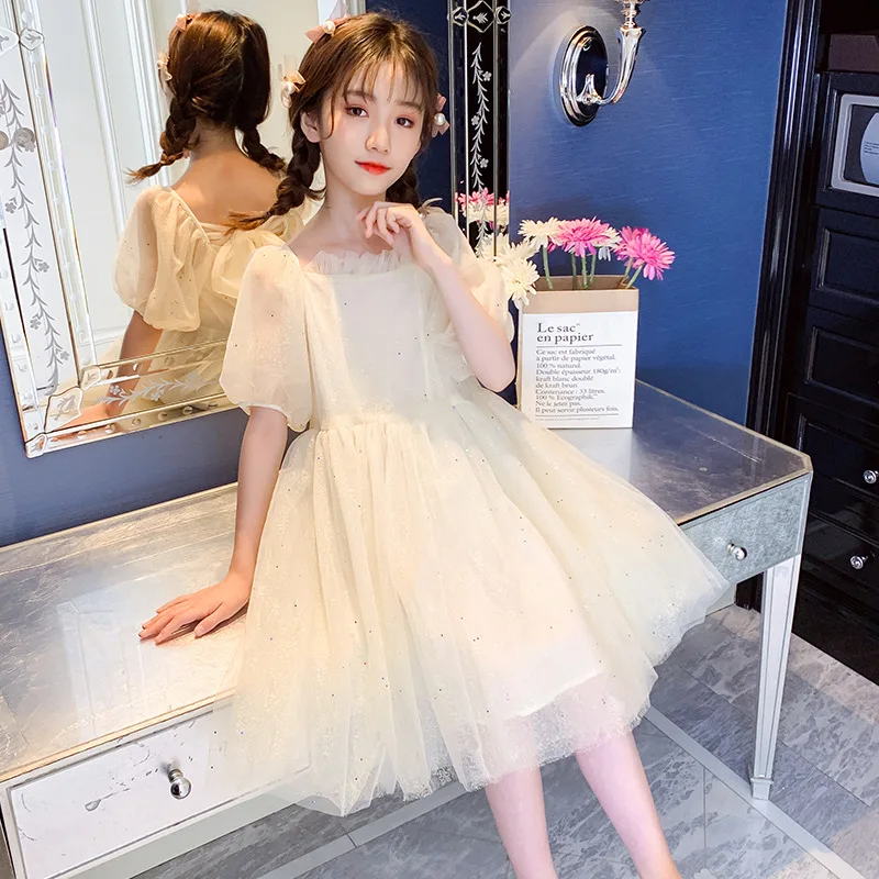 

Big Bow Girls Mesh Dress Sequins Dot 2021 New Kids Summer Dress Teen Ball Gown Chidlren Cute Dress Two Layers,#6278