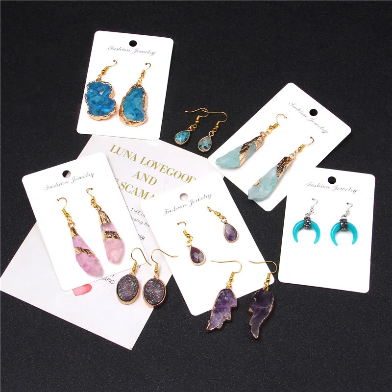 

Natural Stone Wings Round Druzy Drop Earrings New Moon Beveled Waterdrop Dangle Earrings