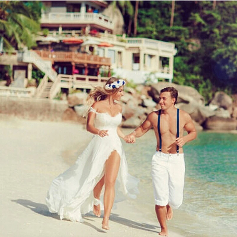 

vestido de noiva A line 2018 Off Shoulder Short Sleeve Bridal gown With Front Split Lace Appliques Beach bridesmaid dresses