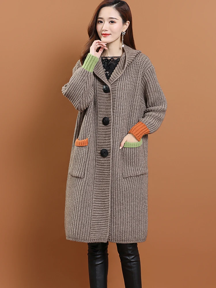

TIGENA Oversize Hooded Long Cardigan for Women 2021 Winter Korean Button Pocket Loose Long Sleeve Knitted Sweater Coat Female