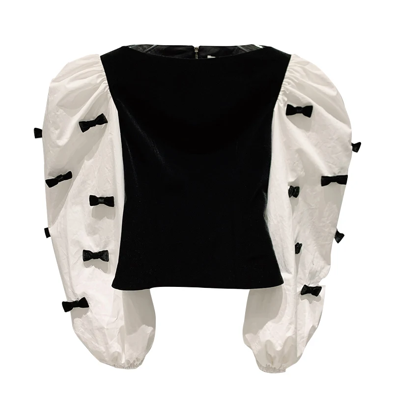 

GALCAUR Velour Shirts For Women O Neck Long Sleeve Patchwork Bowknots Hit Color Casual Vintage Blouses Female 2021 Spring Tide