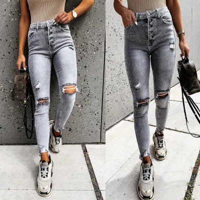 

FAKUNTN Stylish Gray Skinny Jeans Women Streetwear High Waist Ripped Holes Pencil Jeans Stretchable Female Jeans Summer