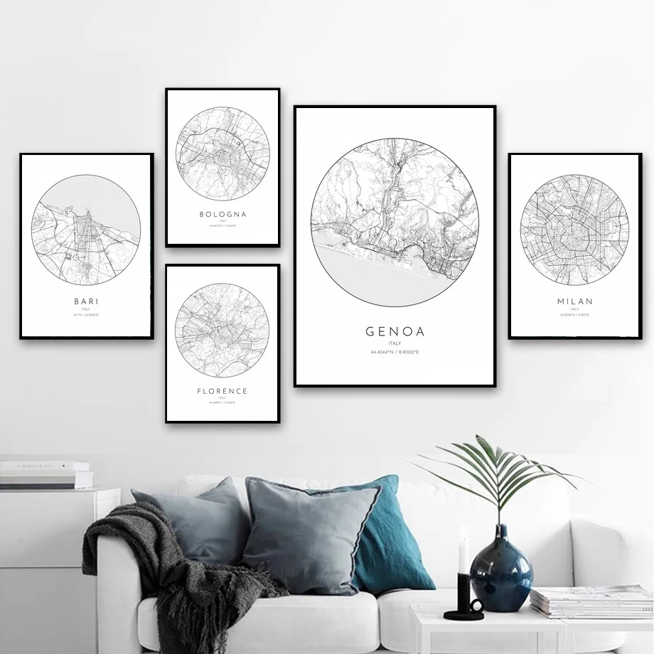 

Poster Italy City Map Bari Bologna Genoa Milan Naples Turin Florence Venice Map Art Canvas Painting Nordic Home Wall Art Decor