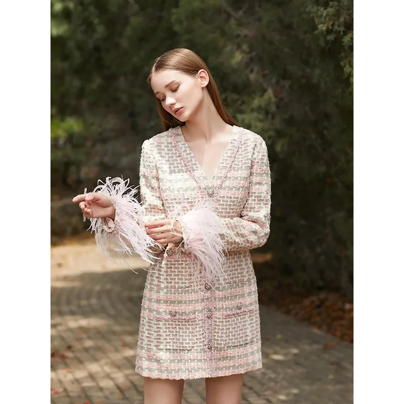 

Женское платье в мелкую клетку с длинным рукавом, Новинка осени 2021, эксклюзивная тонкая однобортная юбка с V-образным вырезом