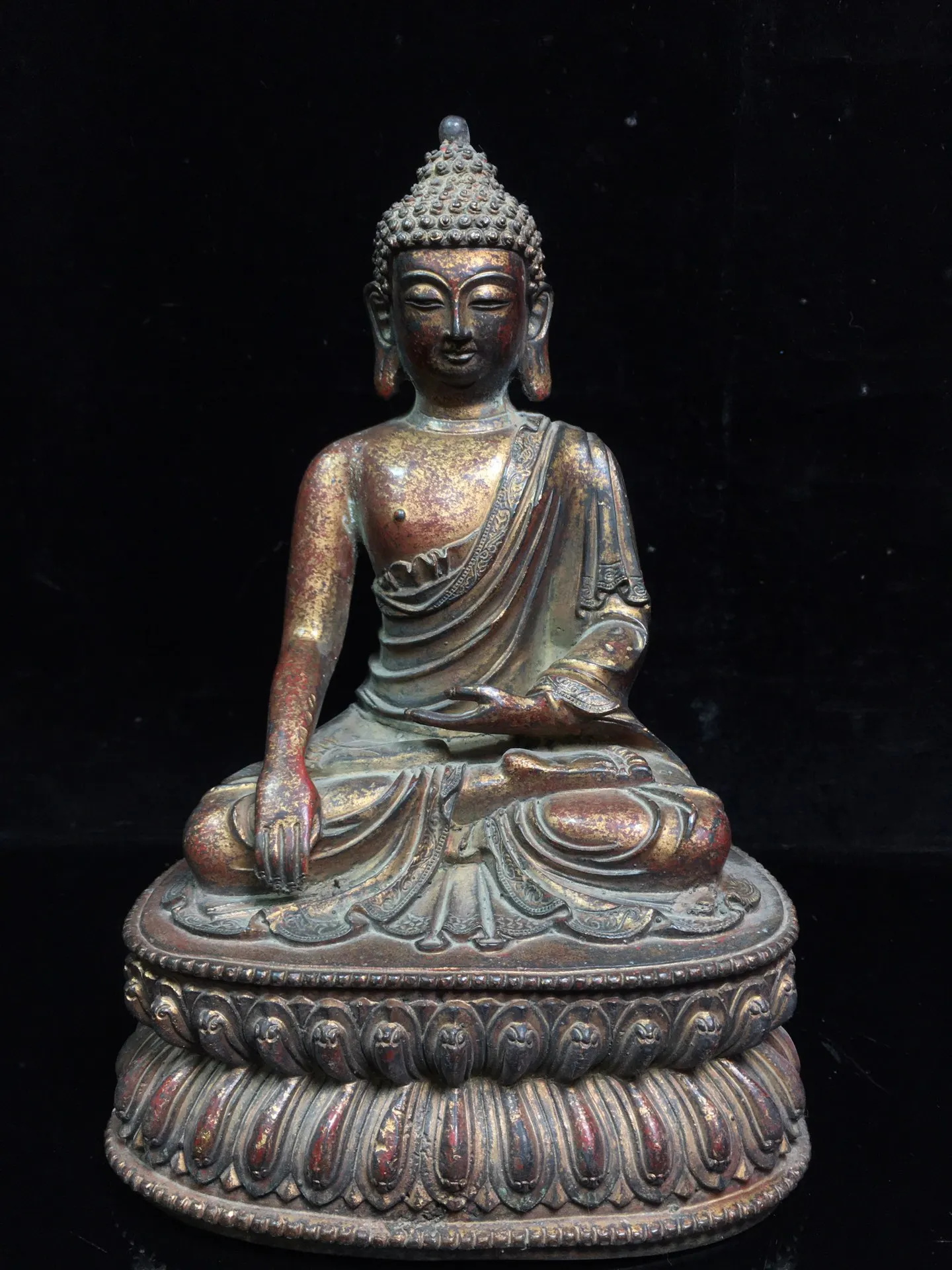 

9"Chinese Folk Collection Old Bronze Cinnabar Lacquer Shakyamuni Lotus Terrace Sitting Buddha Town House Exorcism