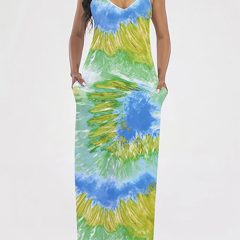 

2021 Women's New Tie-Dye Gradient Stripe Print Sleeveless Deep V-neck Dress Summer Plus Size Loose Sling Long Skirt Beach Dress