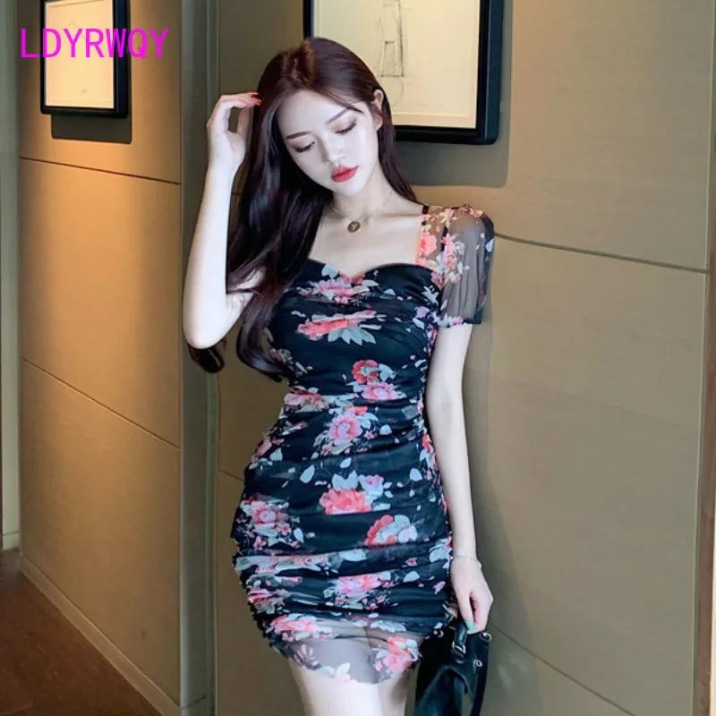

LDYRWQY Bubble sleeve of summertime new print lace receives waist temperament slim body wrap buttock dress