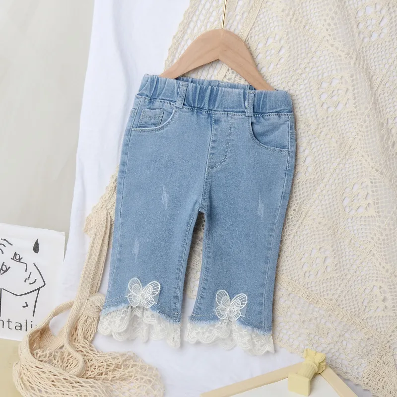 

Girls 3 Piece Clothes Sets Summer Kids Korean Flower Lace Blouse Sling Vest Butterfly Denim Shorts 2-7 Years Children Clothing