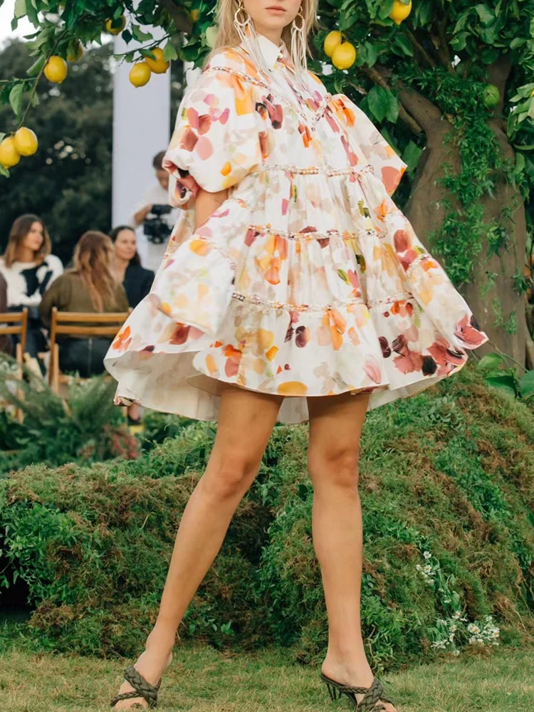 

Retro print lapel single-breasted multi-level woven decoration loose dress ladies summer new fashion big pendulum tutu skirt