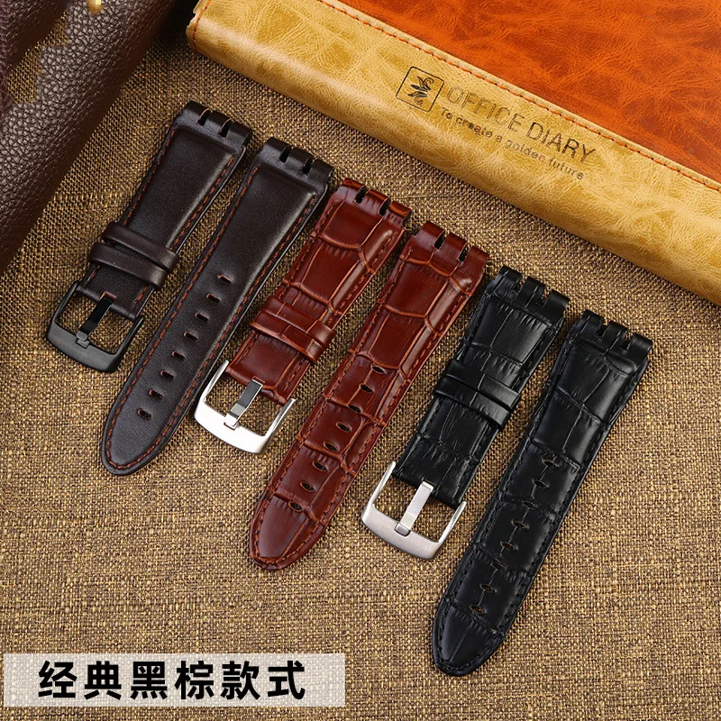 New high quality men's soft waterproof leather strap Strap Black Brown Leather Bracelet suitable for swatch strap 23mm