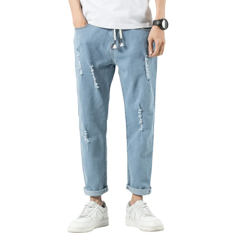 

Drawstring Harem Jeans Men 2020 Brand Mens Ripped Tapered Jeans Ankle Length Denim Jogger Pants Trousers Loose Cropped Pants