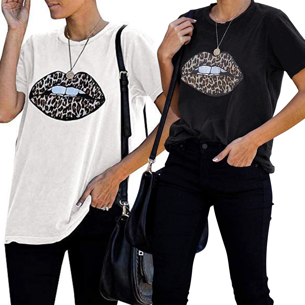 Женская футболка с принтом губ летняя модная Длинная женская коротким рукавом и