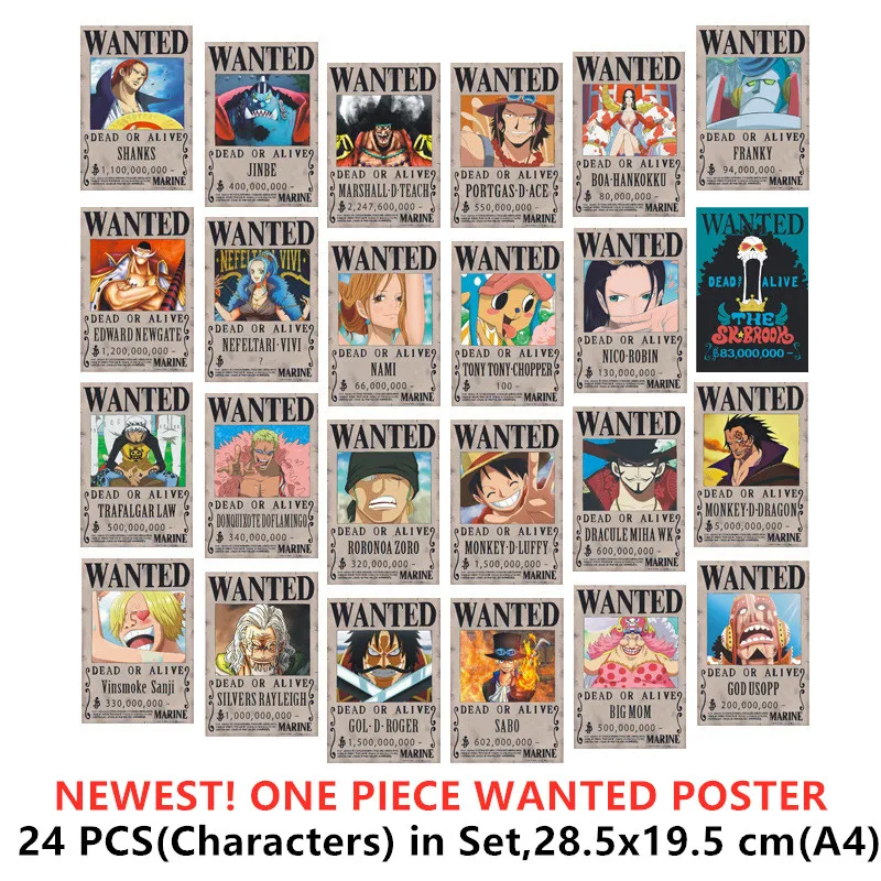 

24 PCS/LOT Straw Hat Pirates Wanted Posters Luffy Jinbe Nami Chopper Robin Zoro Sanji Usopp Franky NEWGATE SABO ACE Sticker Toy