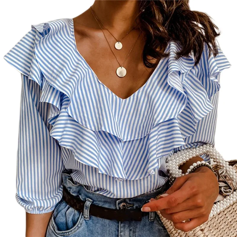 

2020 Striped Print Women Blouse Shirt Casual Summer Butterfly Short Sleeve Shirts Lady Ruffle O Neck Tops