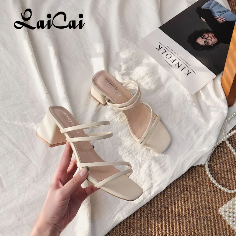 

New Hot 2021 Women's Sandals Sexy Summer Slippers Ladies High Heels Square Open Toe Slides Party Shoes Women Sandals for Female