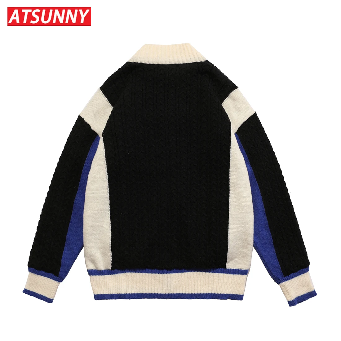 ATSUNNY American Streetwear Retro Sweater Stitch Color Campus Style Quilted Jacket Harajuku Style Man Autumn and Winter Clothes