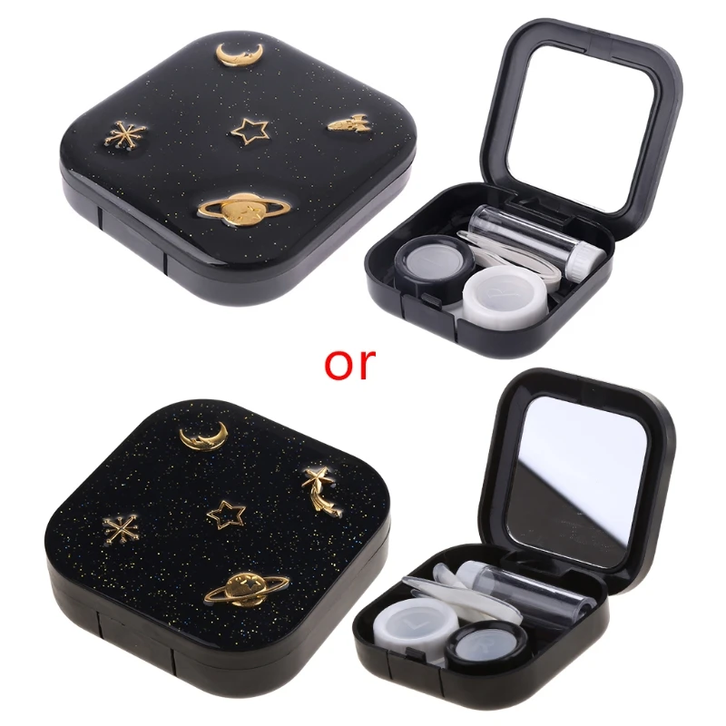 

New Stars Moon Contact Lens Case For Women With Mirror Kit Holder Portable Contact Lenses Box Black