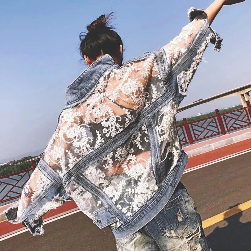 Весенняя мода уличная кружевная Лоскутная джинсовая куртка Женская Вышивка 2021