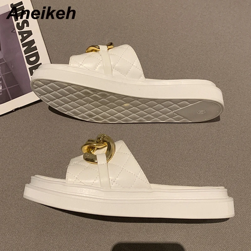 

Aneikeh Summer Zapatos De Mujer Solid Fashion PU Slippers Peep Toe Wedges Shallow Leisure Metal Decoration Ladies Shoes Sewing