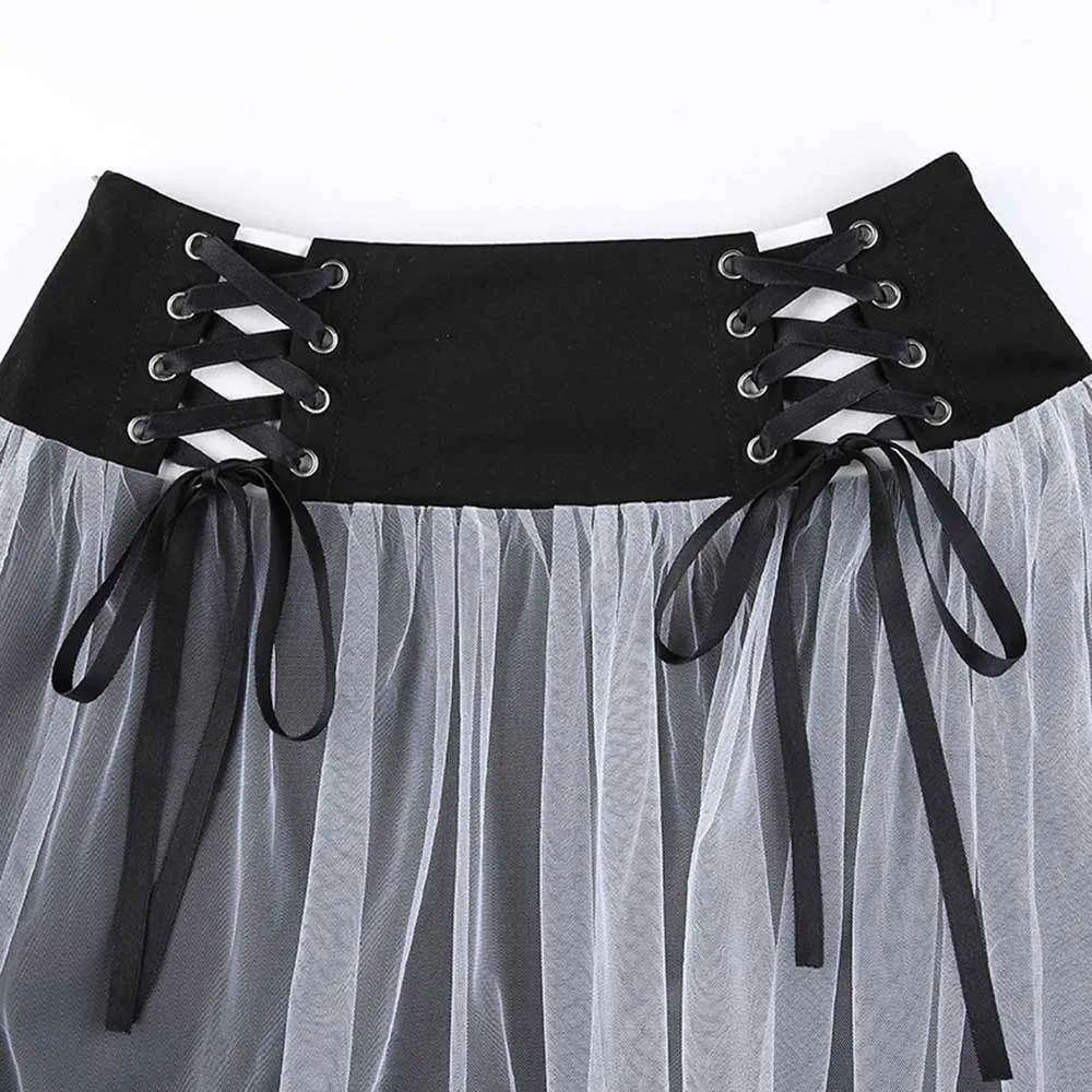 

High Street Skirt Goth Spring Summer New Fashion Hipster Designer Creative Simple High Waist Net Yarn Black White Contrast Lace